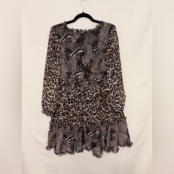 Betsey Johnson Leopard Zebra Print Ruffle Babydoll Dress Sheer Sleeve Sz 12 - Picture 6 of 6
